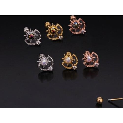 1 PCS Cute Small Crystal Moon Planet Shape Ear Cartilage Piercing Stud Earring Gold Color Stainless Steel Bar Ball Helix Earring