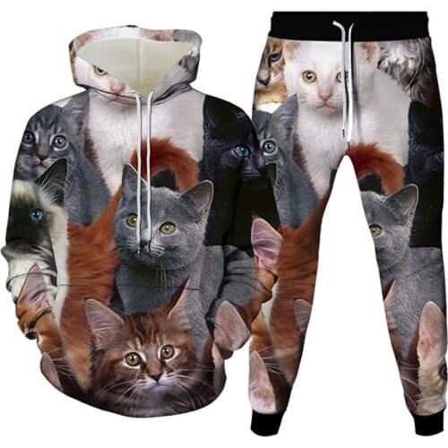 Cute Cartoon Animal Cat 3D Printing Outfit Hoodies+Trousers 2PcSet Men Casual Tracksuit Harajuku Oversize Kawaii Women Clothes