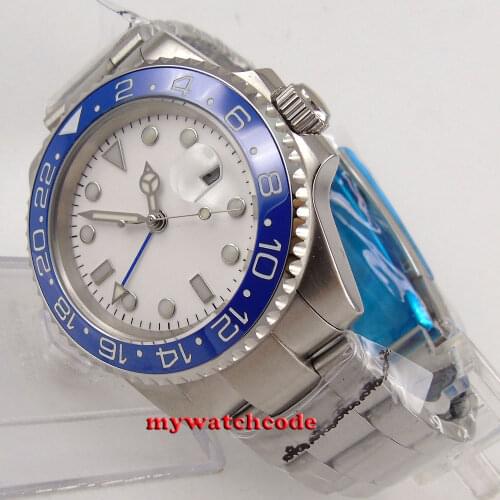 40mm bliger blue ceramic bezel white dial GMT glass sapphire date window Automatisch NEU Uhr watch