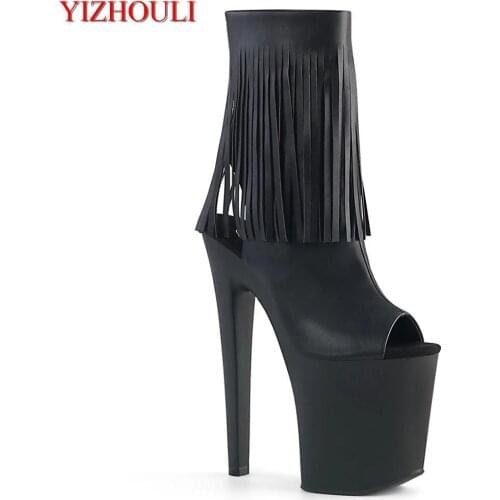 8-inch, open-toed boot, matte black tasselled upper models use 20cm stiletto heels for parties, pole dancing shoes