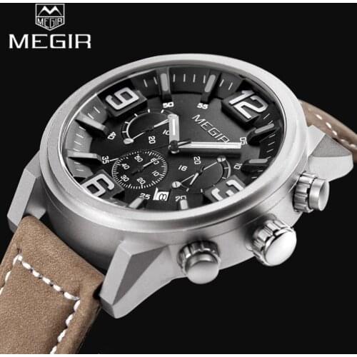 2017 Top Luxury Brand MEGIR Sports Watches Mens Quartz Chronograph Big Dial Clock Leather Wrist Watch relogio masculino relojes