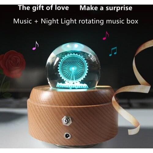 Wooden Rotating Music Box Lamp NightLights for Bedroom Crystal Ball Light Switch Living Room Decoration Kawaii Decor GiftsLED178