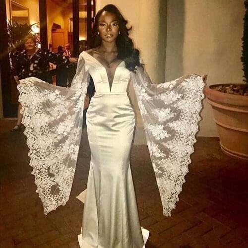 Eightale Mermaid Wedding Dresses 2020 Deep V-Neck Appliques Lattern Sleeves Satin Lace Custom Made Wedding Gown Bride Dress