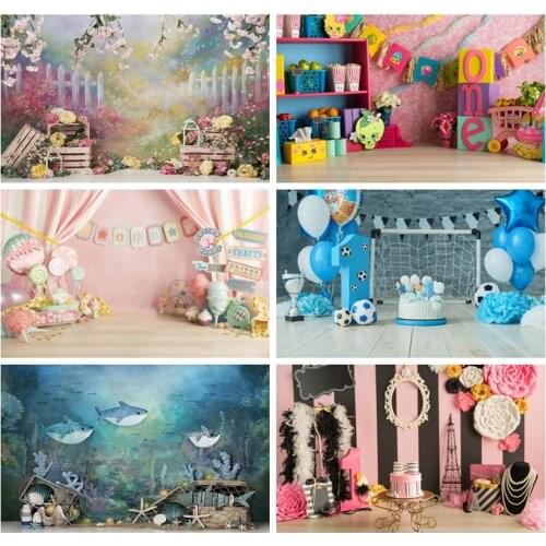 Laeacco Birthday Backgrounds Chic Wall Blue Balloons Clouds Flags Fireplace Children Portrait Photography Backdrops Photo Studio