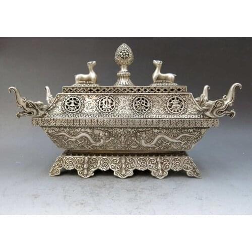 China silver handwork carved eight treasures censer dragon incense burner Statue