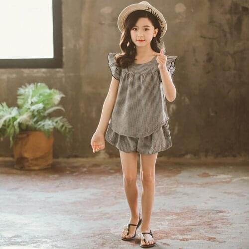 2020 Summer New Kids and Teen Girls Retro Plaid Clothes Set Cute Bow Shirt and Short Pants Set Girls Casual Two Piece Set, #8722