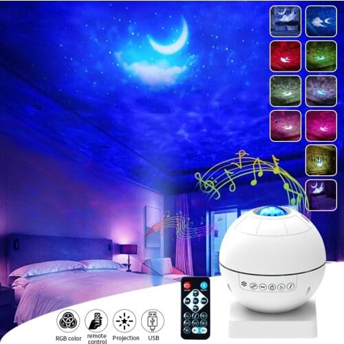 Moon Star Galaxy Projector LED Night Light Ocean Wave180 Degrees Rotate Starry Sky Atmosphere Lamp Music Bluetooth Remote Lights