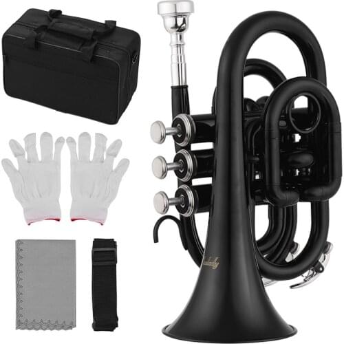 Muslady Mini Pocket Trumpet Bb Flat Brass Material Wind Instrument with Mouthpiece Gloves Cleaning Cloth Carrying Case