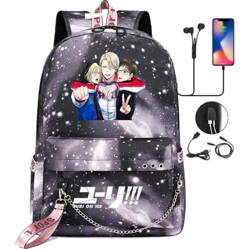 New Anime Cute Yuri On Ice Prints Boys Girls Kids School bag Women USB Chain Backpack Canvas Men Bagpack Packsack Bookbag