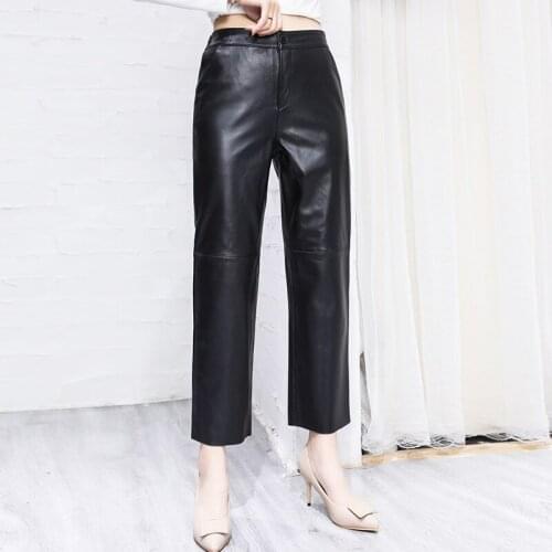 New Designer Womens Autumn High-rise-leather Ninth pants High quality genuine leather straight pants C334