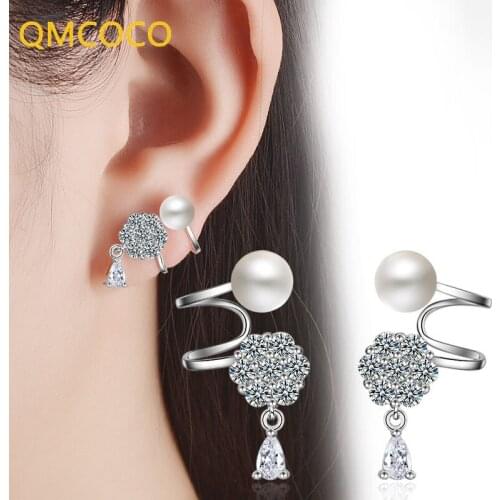 QMCOCO 925 Silver Stud Woman Fashion Zircon Earrings Sweet Trendy Japan-Korea Style Pearl Geometric Earrings For Girl Jewelry