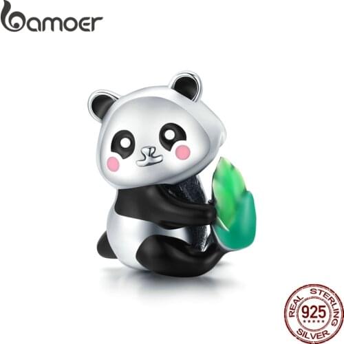 Bamoer Silver Animal Cute Panda Cub with Bamboo 925 Sterling Silver Charm Pendant for Original Bracelet Bangle Women SCC1832