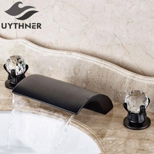 Uythner Deck Mounted Waterfall Spout 3pcs Basin Faucet Double Crystal Handles Mixer Tap Oil Rubbed Bronze