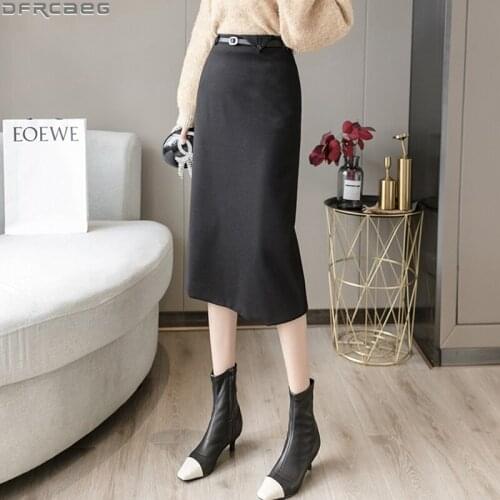 Vintage High Waist Pencil Skirt Women Winter Woolen Midi Jupe Femme Slim Wrap Bodycon Skirts Split With Belt Brown Black Faldas
