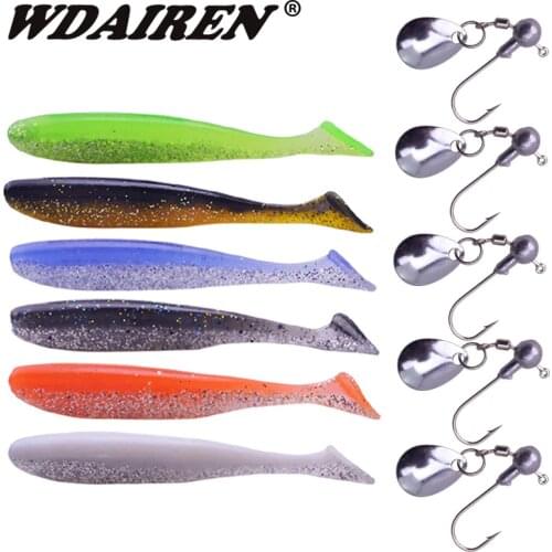 WDAIREN Rotating Metal Spoon Jig Head Soft Bait set Artificial Rubber Fishing Lures Abdomen open Paddle Tail Bass Minnow