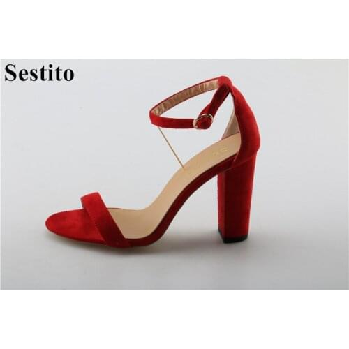 Sestito Woman Fashion Chunky Cover Heels Dress Party Shoes Lady Red Buckle Strap Summer Gladiator Sandals Girls Peep Toe Shoes