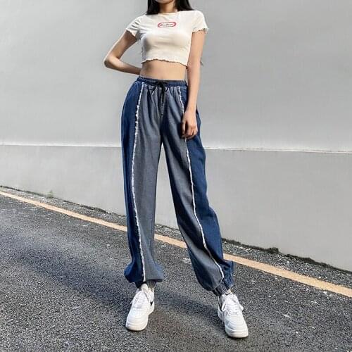 Street Style Retro High Waist Contrast Color Patchwork Straight Pants Lace Up Drawstring Loose Jeans for Women
