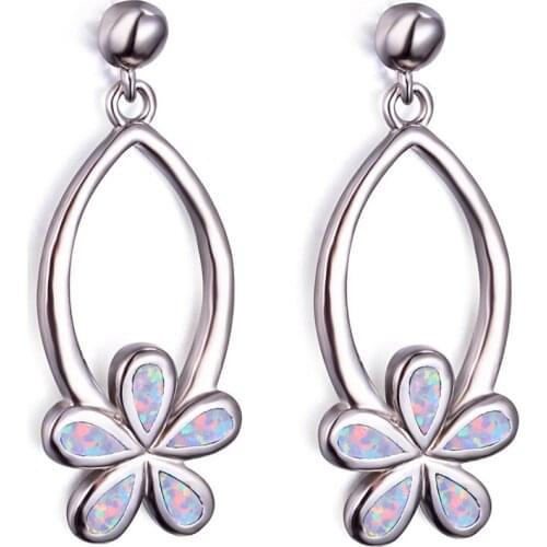 Luxury Female Flower Stud Earrings Vintage Silver Color Double Earrings For Women Boho White Blue Fire Opal Earrings