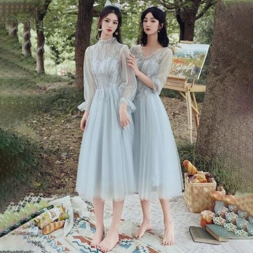 Bridesmaids Dresses Vintage V-Neck Off The Shoulder Lace Tulle A-Line Embroidery Gray Ankle-Length Women Wedding Party Gown E402