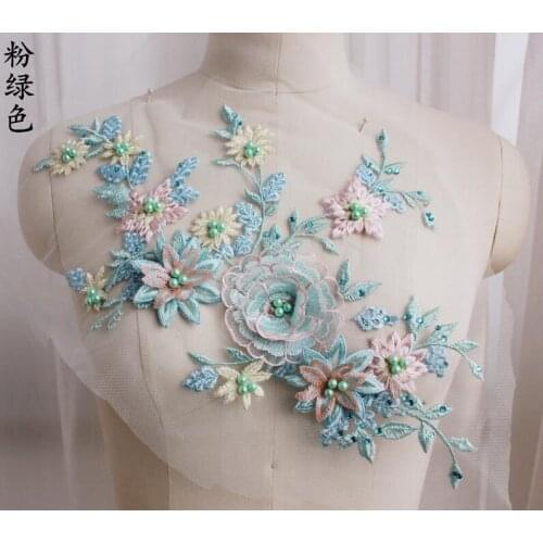 1 Piece Floral With Rhinestone Applique Pearl Bridal Gown Lace Embroidery Patches DIY Lace Collar Neckline Decorate Sewing Craft