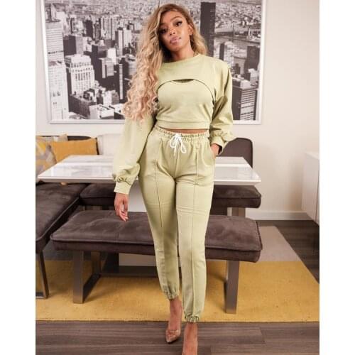 2021 New Style Women’ s Set Autumn Solid Color Round Neck Long Sleeve Outerwear + U-Neck Vest+ Trousers 3 Pieces Suit Set