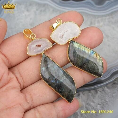 5pcs Natural Labradorite Druzy Agates Leaf Shape Pendant Jewelry,Plated Gold Agates Water Drop Charms For DIY Jewelry Making