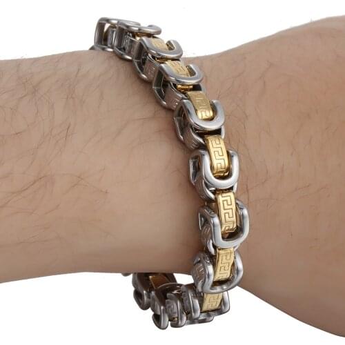 8mm Mens Chain Boys Bracelet Byzantine Box Link Chain Yellow Gold Silver Color Stainless Steel Bracelet HEAVY LKB422
