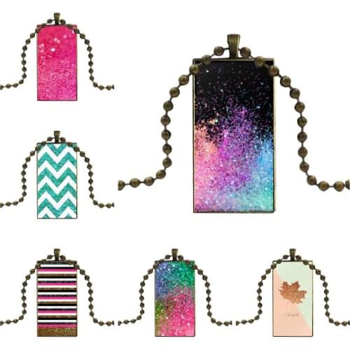 For Lovers Girl Friend Best Gift Fashion Glass Cabochon Pendant Necklace Women Bronze Color Choker Rectangle Necklace Glitte