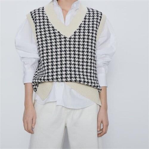 ZXQJ2020 Women Houndstooth Vest Sweater Casual V Neck Sleeveless Autumn Winter Jumper Knitted Korean Style Pullover Loose Tops