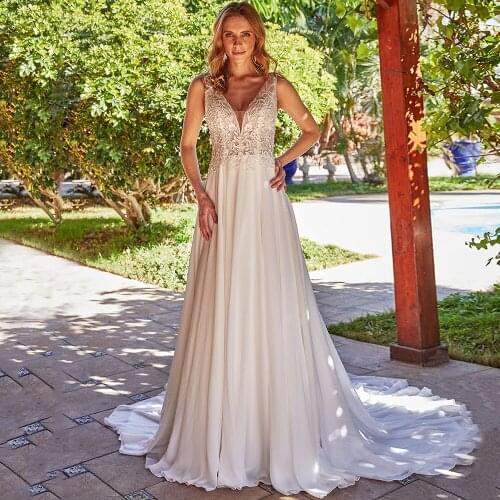 Elegamt A-Line Chiffon Sleeveless V-Neck Lace Appliques Sweep Train Wedding Dress 2021 Backless Bridal Gowns Robe De Mariée