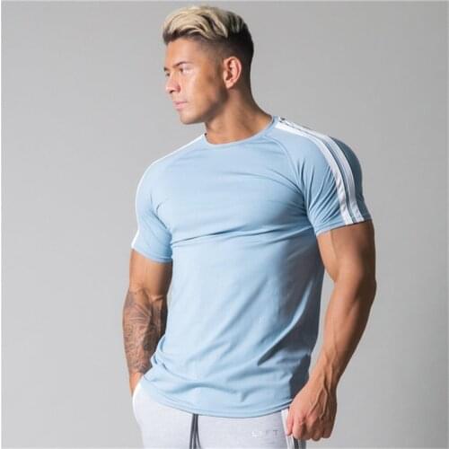 Side Striped Gym T-Shirts Men Cotton Slim Short Sleeve Sports T-Shirts Bodybuilding Fitness Mens Workout Cotton Men Tees Tops
