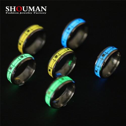 SHOUMAN Stainless Steel ECG Luminous Heart Rings Men Women Custom Engrave Lover Couple Charm Valentines Day Gift