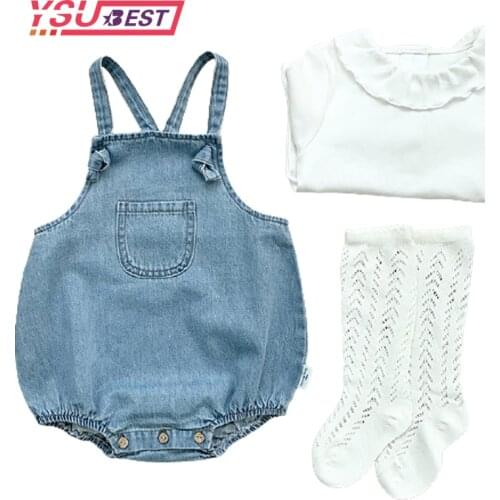 Summer Kids Boy Girl Cowboy Braces Rompers Infant Baby Boy Girl Newborn Pure Color Rompers Clothes Baby Boy Girl Rompers Denim