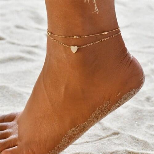 Layered Anklets Women Heart Gold Ankle Bracelet Charm Beaded Dainty Foot Jewelry for Women and Teen Girls Summer Barefoot Beach