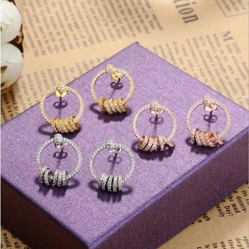 Fashion women european geometric round circle micro pave cz studs earrings floating bead delicate cz earring