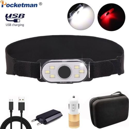 Powerful COB Led Headlamp Red Light Headlight USB Rechargeable Waterproof Head Lamp Hat Clip led Headlight with Built-in Battery