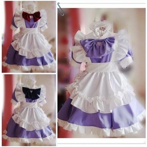 Super Cute Girls Japanese Maid Dress Classic Purple Bow Lolita Cosplay Costume Moe Dress Party Fancy Dress