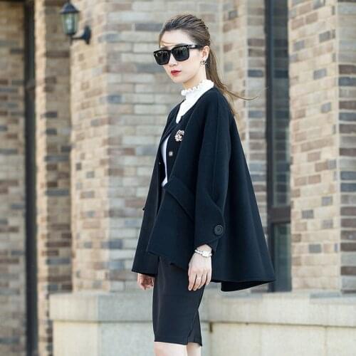 New Fashion Cloak Wool Coat 2020 Auutmn Short Elegant Trench Coats Womens Black Overcoat With scarf Abrigos Mujer 2029