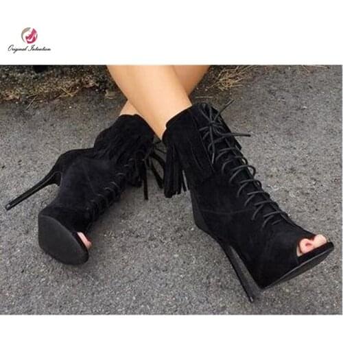 Original Intention New Design Black Ankle Boots Woman Peep Toe Stiletto High Heel Cross-tied Short Boots Female Spring Plus Size