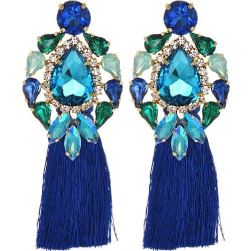 Handmade blue Big Crystal Flower Earring Vintage Ethnic Bohemian Rhinestone Long Tassel Drop Dangle Earrings for Women Jewelry