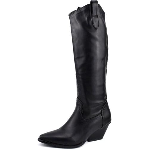 ADBOOV Thigh High Boots Women Pointed Toe Cowboy Boots For Women Chunky Heel Leather Sexy Plus Size Western Boots Ladies