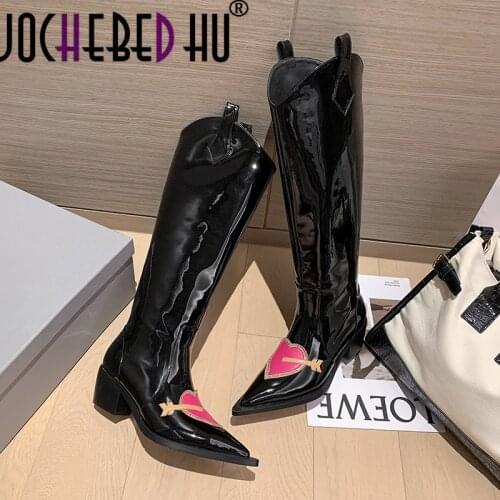 【JOCHEBED HU】Pointed Toe Crystal Love-Heart Knee High Boots Women Shiny Leather Chunky Mid Heel Shoes Autumn Slip On Cowboy Long