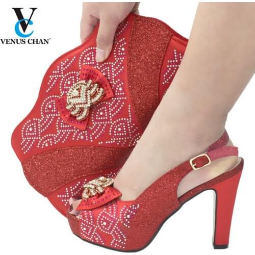 High Quality with Shinning Crystal in Red Color for Wedding 2020 Special Arrivals Summer African Women Shoes and Bag To Match