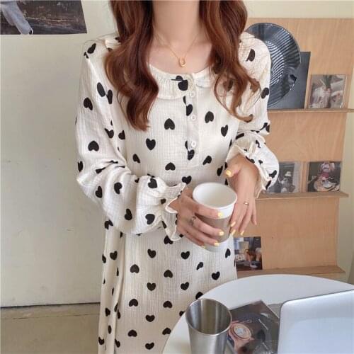 Autumn Nightgown Women O-Neck Long Sleeve Sweet Cotton Long Sleepwear Heart Print Buttons Home Clothes Ruffles Casual Sleepwear
