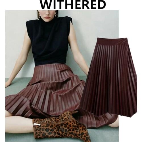 Jenny&Dave Midi Skirts Womens WInter Skirt Women England Style Fashion Vintage PU Pleated A-line Party Long Faldas Mujer Moda
