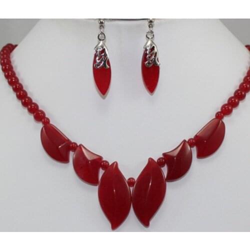 Womens simple fashion silver plated fish Long Water Drop Earrings + red leaf shaped tower chain set