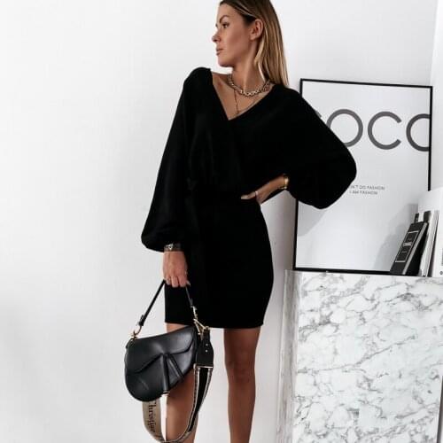 Women Sexy Deep V Neck Solid A Line Dress Long Sleeve Sashes Elegant Casual Mini Dress 2020 New Fashion Women Slim Party Dress