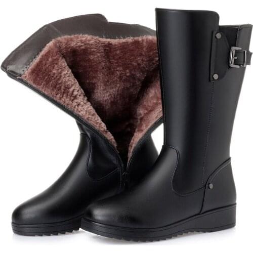 Krasovki Wool Snow Boot Women Warm Flat Bottom Plush Fashion Knee Boots Fashion Platform for Genuine Leather Women Winter Boots