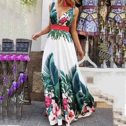 Women Fashion Summer Boho Long Maxi Dress Backless Sleeveless V Neck Flower Dress Evening Party Beach Dresses Sundress #T1G