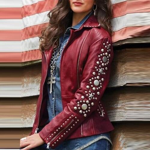 Women Long Sleeve PU Leather Jacket New Short Solid Lapel Zip Coats Biker Rhinestone Outerwear Streetwear Black Coat Windbreaker